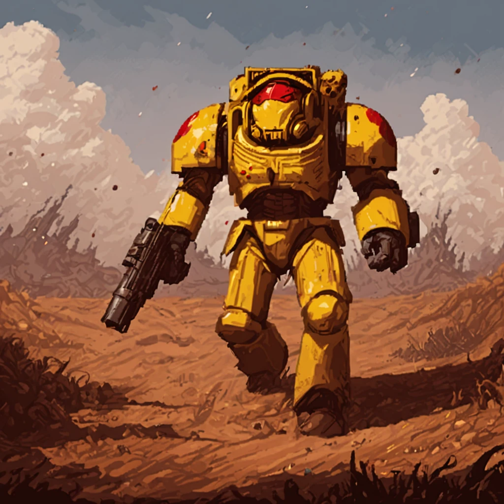 a yellow and red trmntr with a red helmet holding an assault cannon walks across an alien battlefield searching for enemies, rockets streak across the sky and explode into the landscape,