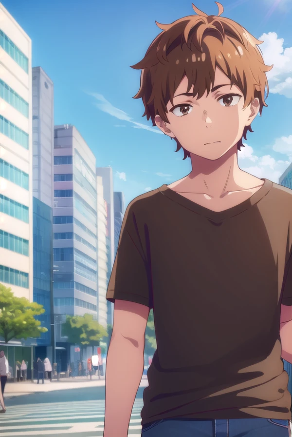 kazuyakinoshita, <lora:kazuya kinoshita s1-lora-nochekaiser:1>,
kazuya kinoshita, short hair, brown hair, (brown eyes:1.5), male focus,
BREAK shirt, long sleeves, collarbone, short sleeves, t-shirt,
BREAK outdoors, cityscape, sun, sky, clouds, people, crowd,
BREAK looking at viewer, (cowboy shot:1.5),
BREAK <lyco:GoodHands-beta2:1>, (masterpiece:1.2), best quality, high resolution, unity 8k wallpaper, (illustration:0.8), (beautiful detailed eyes:1.6), extremely detailed face, perfect lighting, extremely detailed CG, (perfect hands, perfect anatomy),