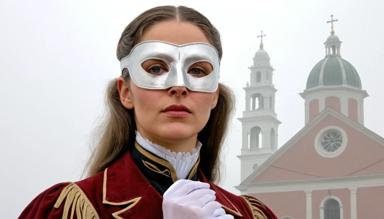 ZechsMerquiseMask, 1700'S Girl, Pastor, eyes of charming, the Pastor is wearing Italian wearing a mask, her hair is Silver, Foggy conditions, deep focus, Sad, American Impressionism, Beautifully Lit, CMYK Colors, en plein air