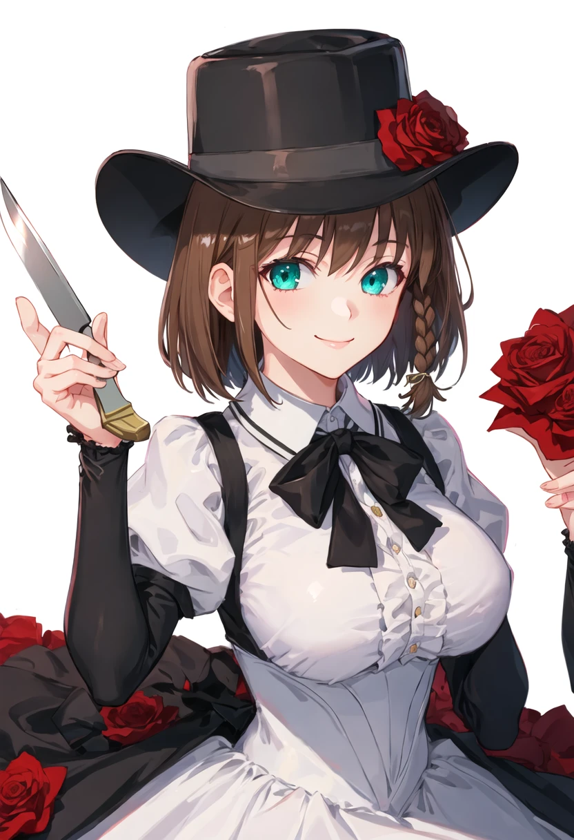 best quality, masterpiece, highres, solo, {charlotte_corday_fgo:0.90}, 1girl, hat_flower, juliet_sleeves, rose, smile, looking_at_viewer, white_dress, black_headwear, white_background, knife, simple_background