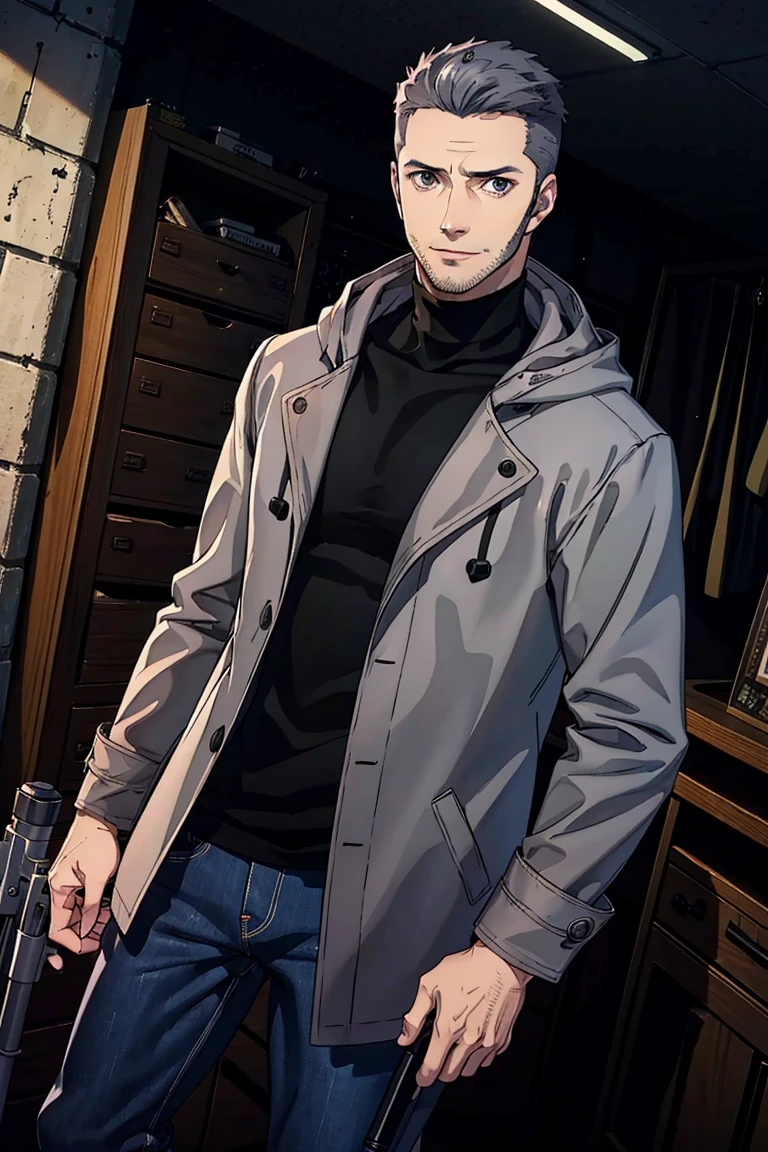 (1 image only), solo male, Munehisa Iwai, Persona, Asian, Japanese, Weapons Dealer, grey hair, short hair, crewcut, stubble, grey eyes, sideburns, black turtleneck sweater, long gray coat, open coat, coat hood down, simple blue jeans, black leather boots, mature, masculine, handsome, charming, alluring, smile, perfect anatomy, perfect proportions, (best quality, masterpiece), (perfect eyes), high_resolution, dutch angle, [cowboy shot], weapon shop,<lora:EMS-305082-EMS:0.700000>