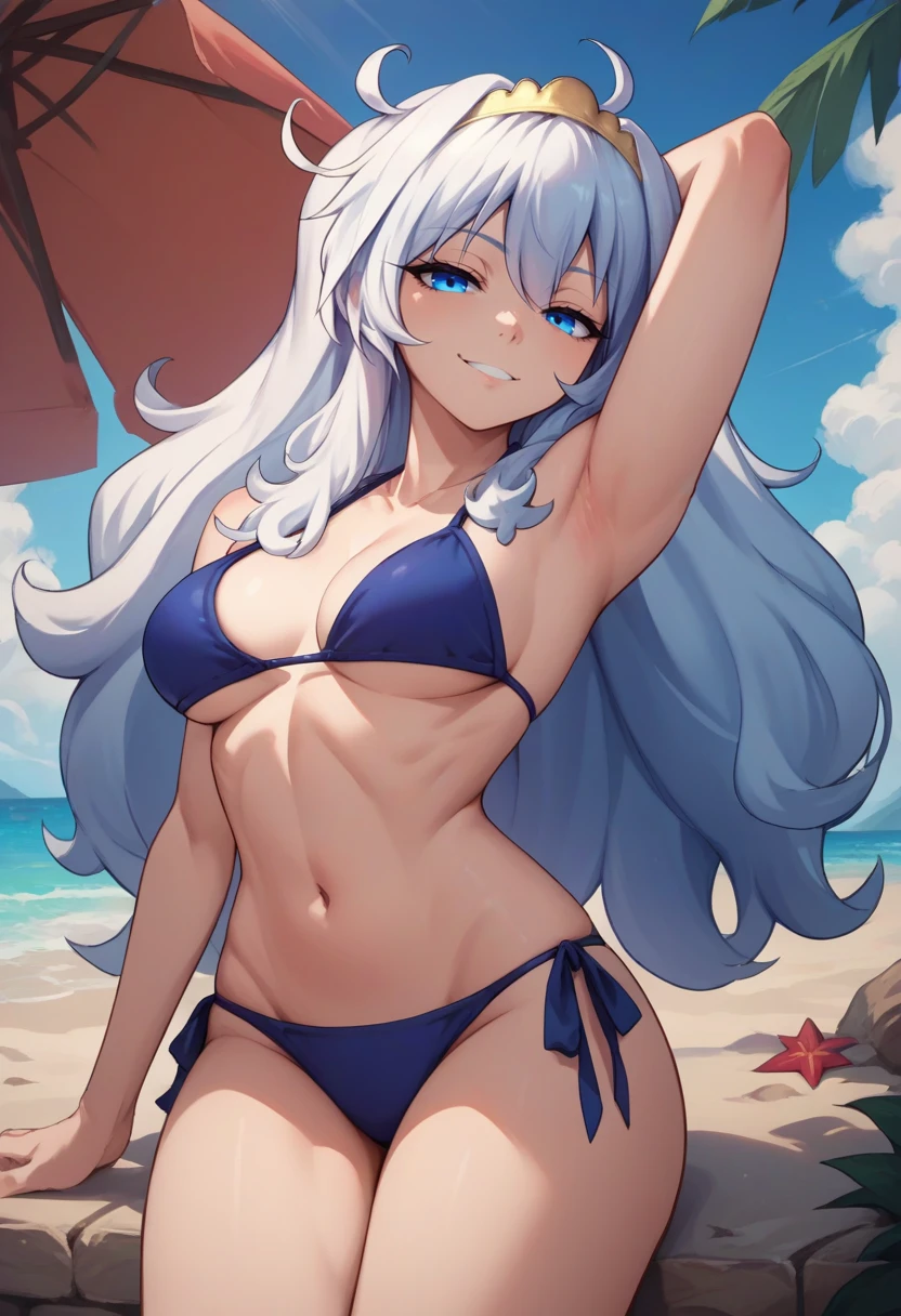 score_9, score_8_up, score_7_up, source_anime, solo, 1girl, mirabelle, seductive smile, looking at viewer, arm behind head, white hair, ahoge, tiara, blue eyes, half-closed eyes, blue bikini, side-tie bikini bottom, beach <lora:mirabeaustudios_mirabelle_ponyXL:1>