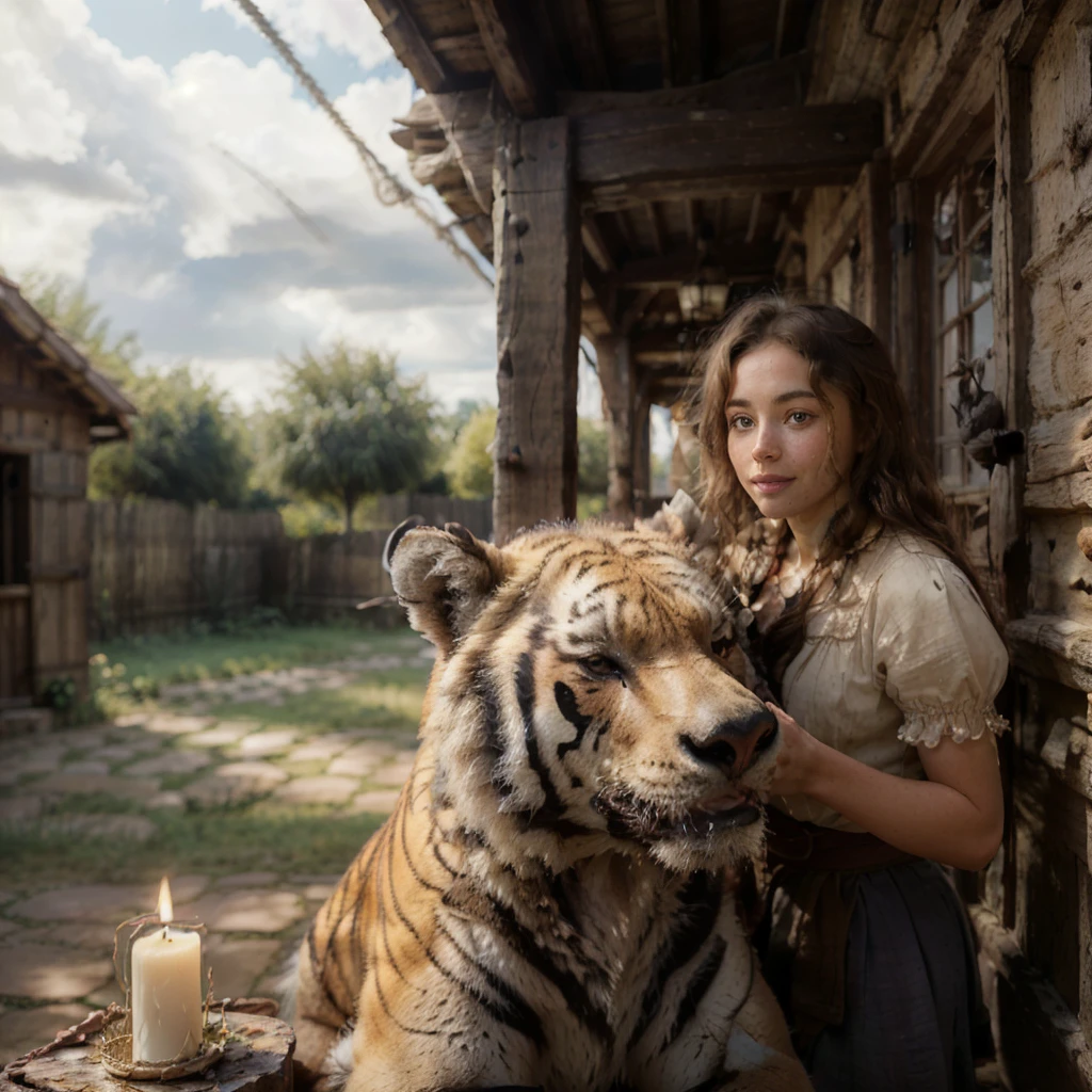 

detailed photograph of (30 year old, animal-trainer wearing peasant clothes):1.1 
with a friendly tiger bear,
blonde hair, messy hair,

medieval pet shop, cages, rope, candles


realistic:1.1, depth of field

32k uhd, 


natural light,
(god rays):1.1,
sunny day,





