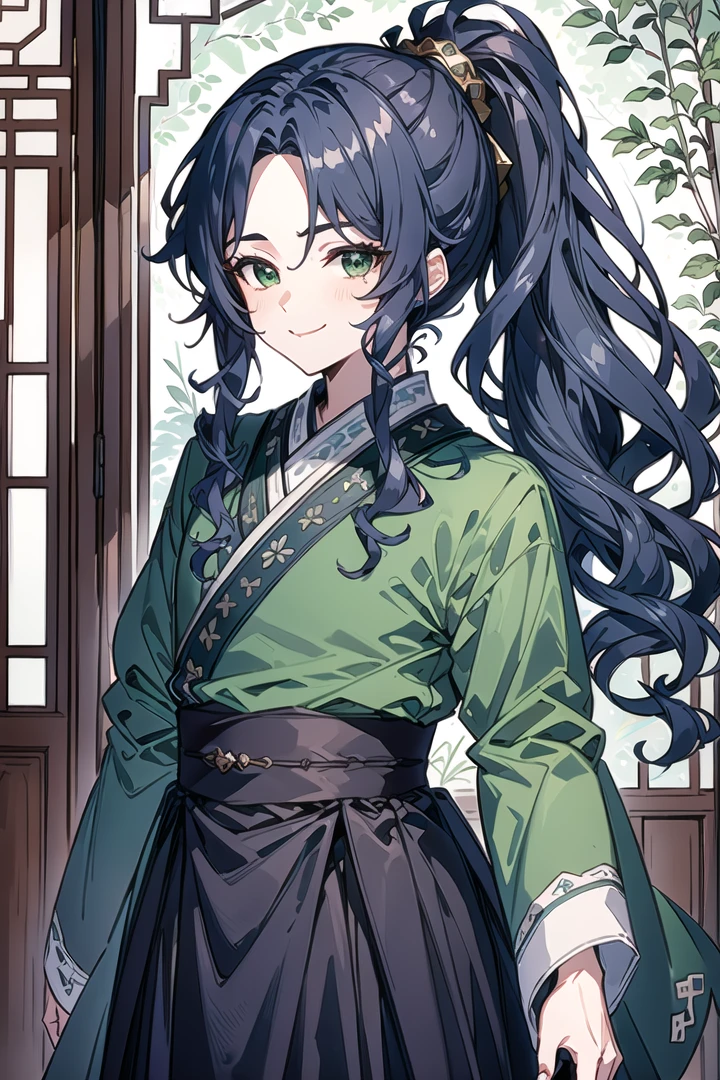 (Highest picture quality), (Master's work), (ultra-detailed), (Detailed eye description:1.2), masterpiece, best quality, (1boy:1.3), long hair, curly hair, dark blue hair, ponytail, open forehead, high bangs, green eyes, hanfu, green clothes, look to the viewer,  smiles,    <lora:MeiLanV2:1>