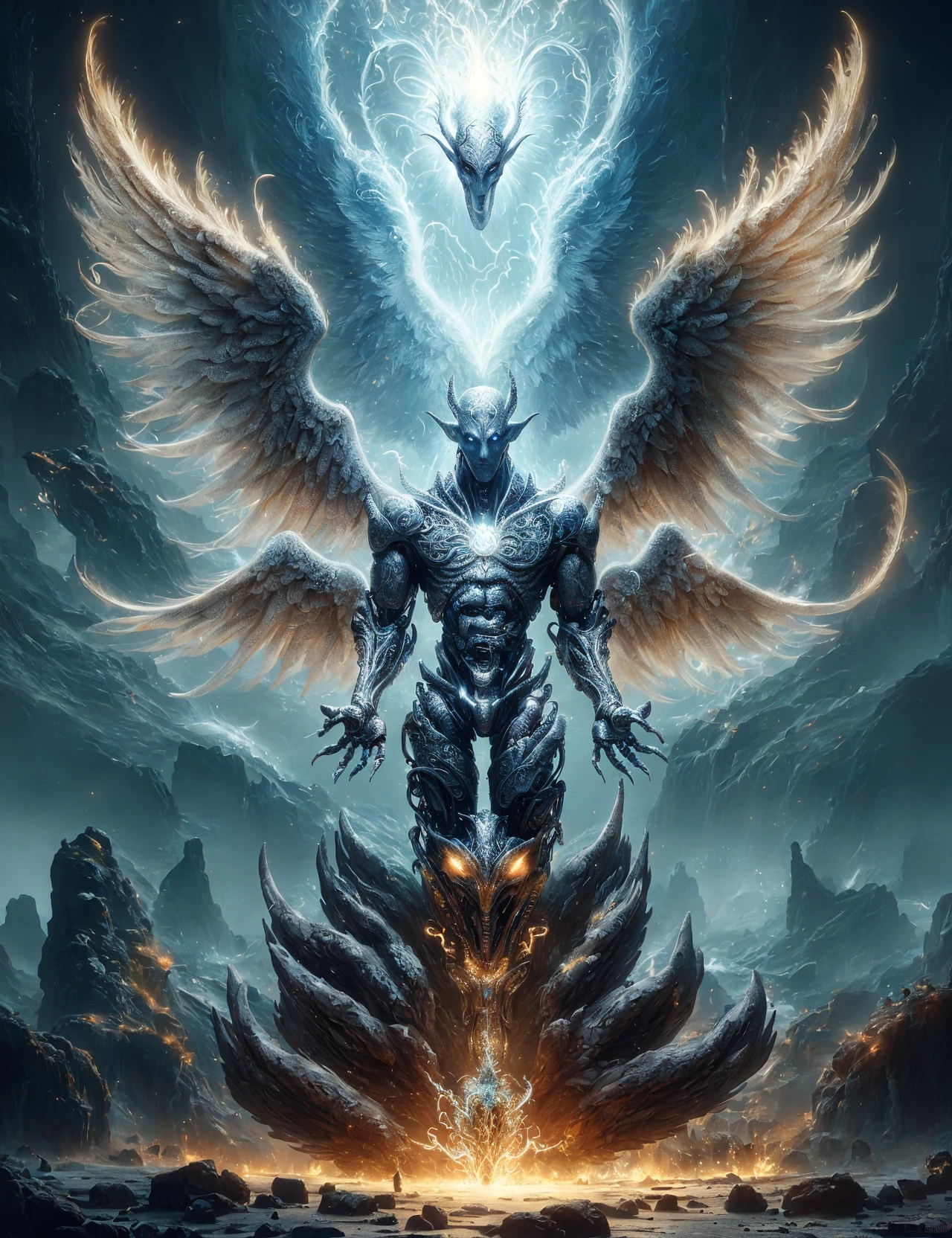 masterpiece, awesome quality, hyper detailed, DonM3lv3nM4g1c swirling ornamented elven magic, colossal alien cyborg polished anthropomorphic soul,  six-fingered hands,  spiked-tailed, leathery skin,    phoenix wings, ,  <lora:DonM3lv3nM4g1c-000005:0.6>