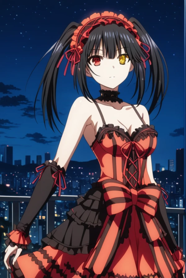 masterpiece, best quality, highres, 4k, 8k, intricate detail, cinematic lighting, amazing quality, amazing shading, soft lighting, Detailed Illustration, anime style,
kurumitokisaki, <lora:kurumi-tokisaki-s1s2-sdxl-lora-nochekaiser:1>,
kurumi tokisaki astral dress, long hair, black hair, red eyes, twintails, yellow eyes, hairband, heterochromia, sidelocks, asymmetrical hair, dress, red dress, bare shoulders, collarbone, choker, bowtie, red bowtie, detached sleeves, corset, frills,
outdoors, cityscape,
looking at viewer, dutch angle,