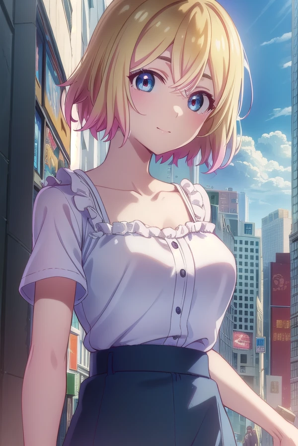maminanami, <lora:mami nanami s1-lora-nochekaiser:1>,
mami nanami, short hair, blue eyes, blonde hair, hair between eyes, smile,
BREAK skirt, shirt, collarbone, white shirt, short sleeves, frills, shoes, socks, white socks, corset,
BREAK outdoors, cityscape, buildings, crowd, people, sun, sky, clouds,
BREAK looking at viewer, (cowboy shot:1.5),
BREAK <lyco:GoodHands-beta2:1>, (masterpiece:1.2), best quality, high resolution, unity 8k wallpaper, (illustration:0.8), (beautiful detailed eyes:1.6), extremely detailed face, perfect lighting, extremely detailed CG, (perfect hands, perfect anatomy),