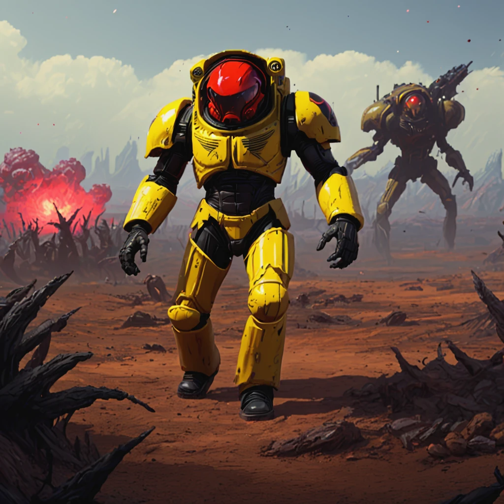 a yellow and black trmntr with a red helmet walks across an alien battlefield searching for enemies, rockets streak across the sky and explode into the landscape,