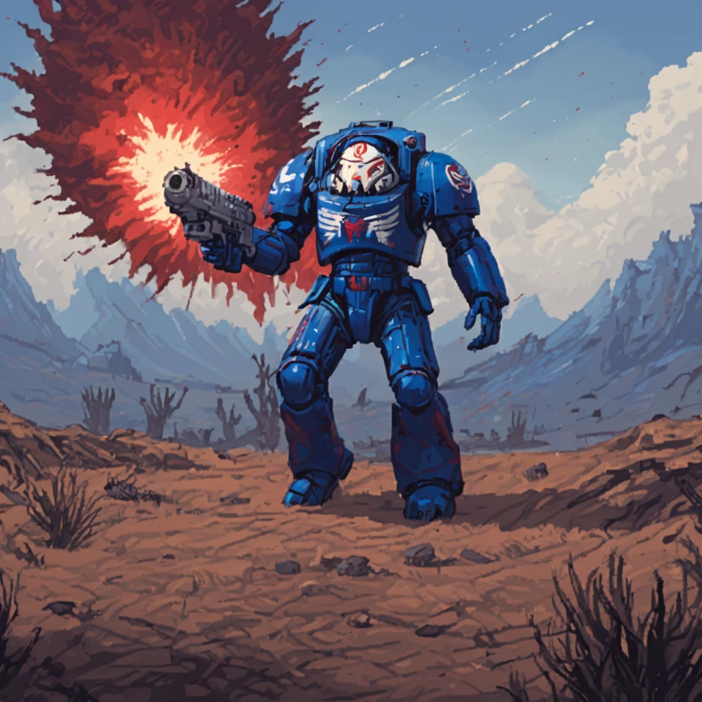 a blue and white trmntr with a red helmet holding an assault cannon walks across an alien battlefield searching for enemies, rockets streak across the sky and explode into the landscape,