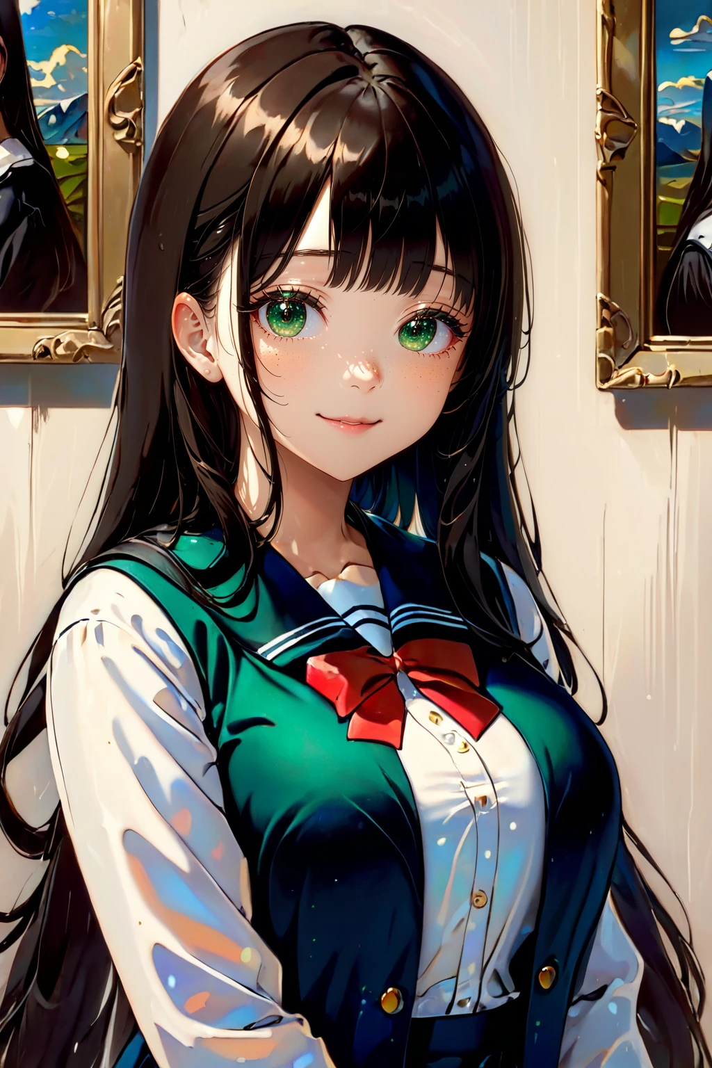 Victorian, close up portrait of a girl in an art gallery
BREAK wearing a school uniform, serafuku, blue and red striped ribbon
BREAK [Mona Lisa but with:0.2] green eyes, long black hair with blunt bangs, freckles, gorgeous smile, lip gloss
BREAK (HDR, raytracing, highest quality:1.3)