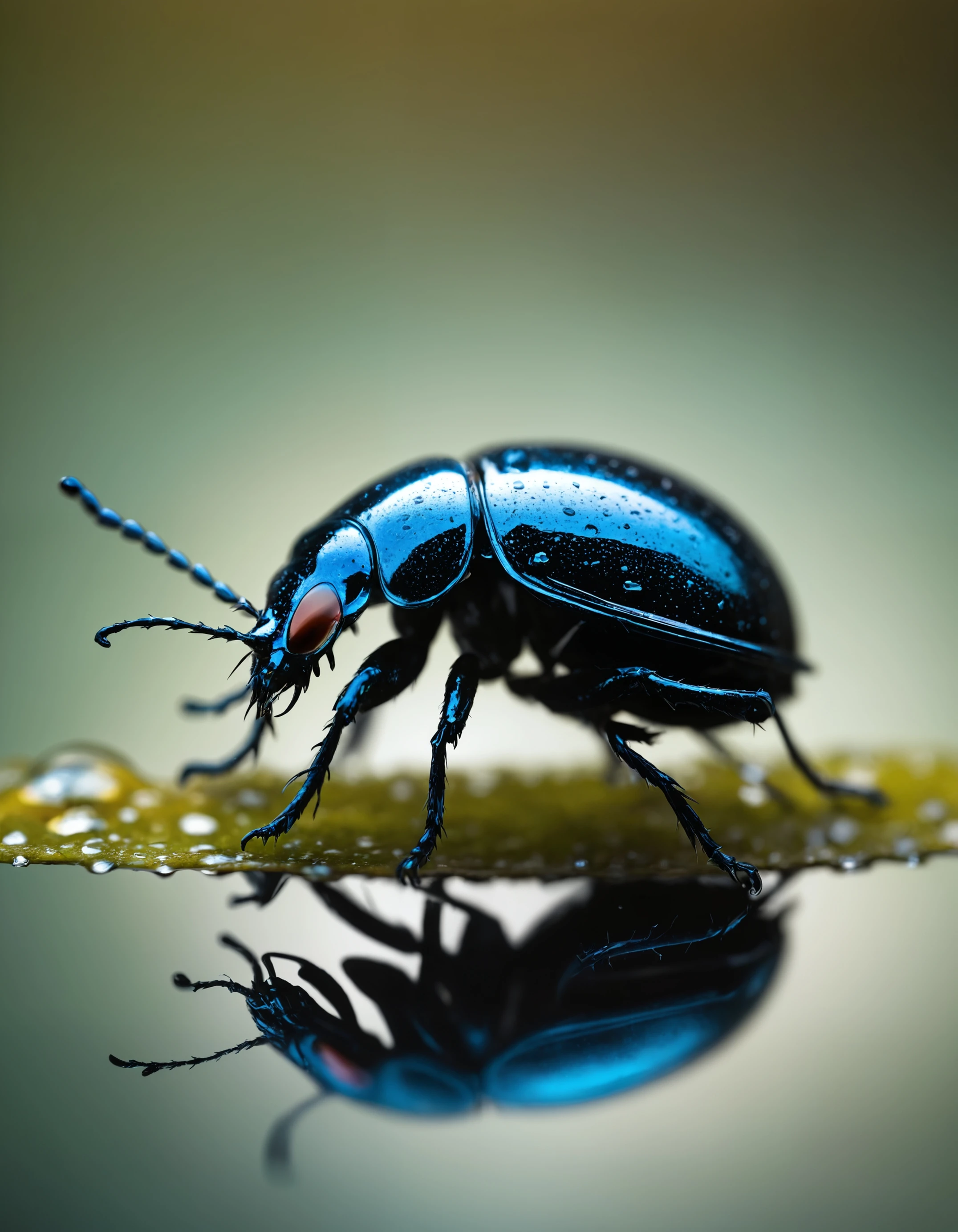 hyperrealistic macro shot of beetle on waterdrop, 100m f/2.8 macro lens, magnificent, celestial, ethereal, epic, magical, dreamy, chiaroscuro, atmospheric lighting, macro, extreme details,