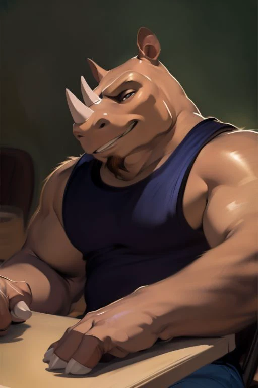 ASCII(By chunie), (By Meesh), (by Darkgem), (by Disney), close up, rhino, sitting at table, goatee, smirk, tank top, pants, working on truck background,