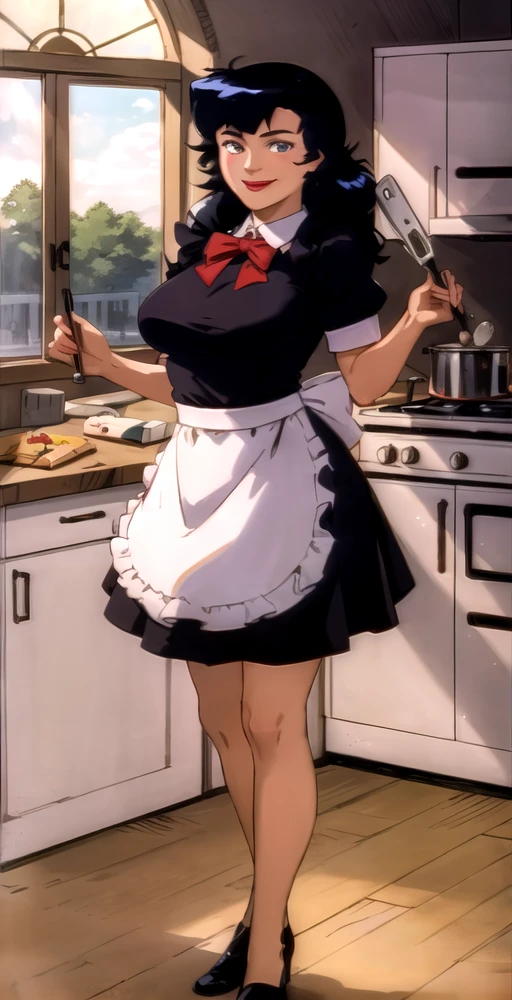 HDV2, 1girl, solo, lipstick, looking at viewer, smile, french maid uniform, cooking, kitchen, perfect quality, good quality, masterpiece, HDR, UHD <lora:Hannah Dundee V2:0.8>