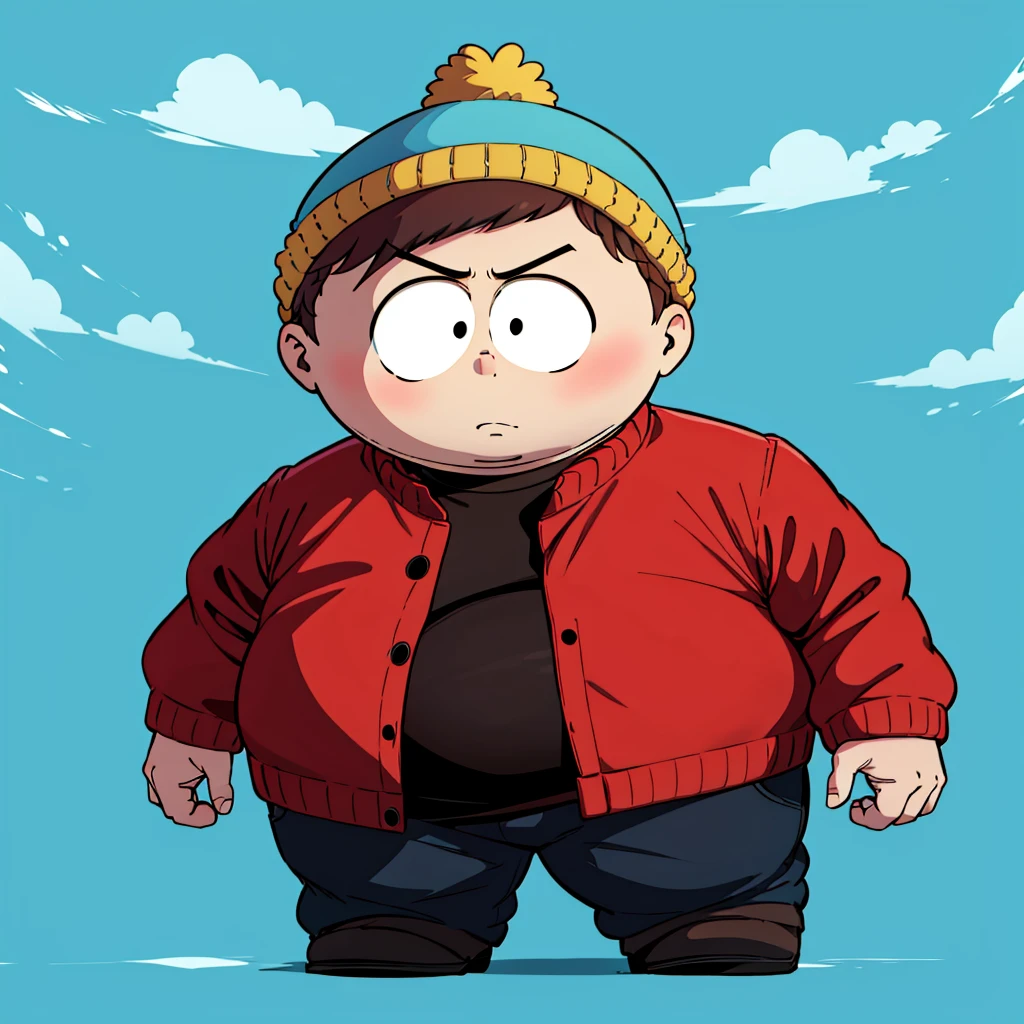 1boy, solo,   Eric Cartman,  short hair,  brown hair, 1boy, hat,  black eyes, red jacket, closed jacket, blue beanie, fat, child,   <lora:Eric_Cartman_Leaf2-any:0.8>, full body,