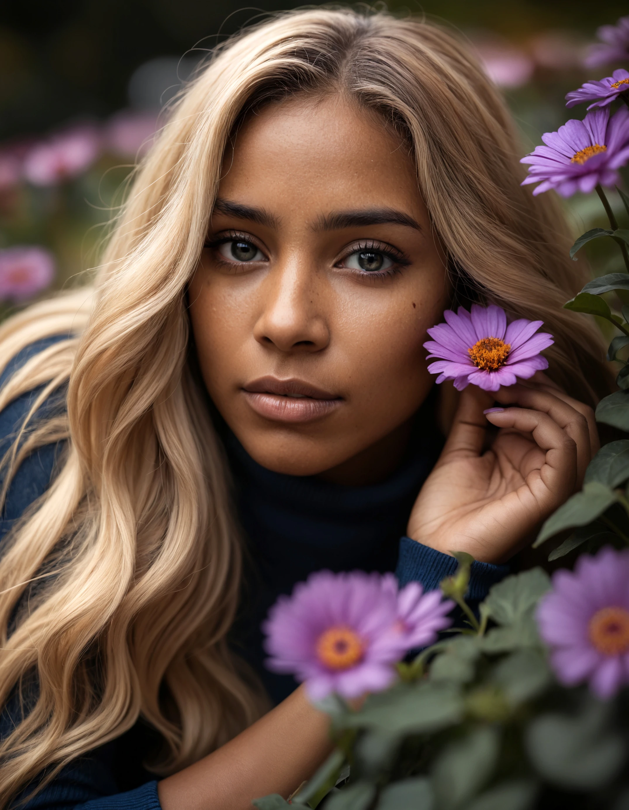 award winning photo macro shot of a beautiful latin woman lying in a majestic flowerbed, blonde hair, dynamic lighting, cinematic still, dark skin, screencap, (freckles), contemplative, smirk, piercing blue eyes, extremely long hair, sleek hair, portrait, dynamic pose, (turtleneck), 100mm f/2.8 macro lens,