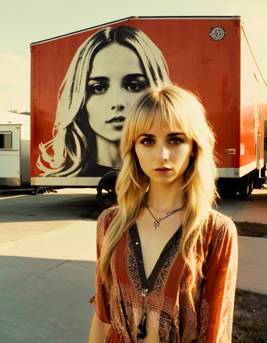 an overexposed film still by Shepard Fairey of a bohemian girl looking like gabixl11 next to a bohemian trailer