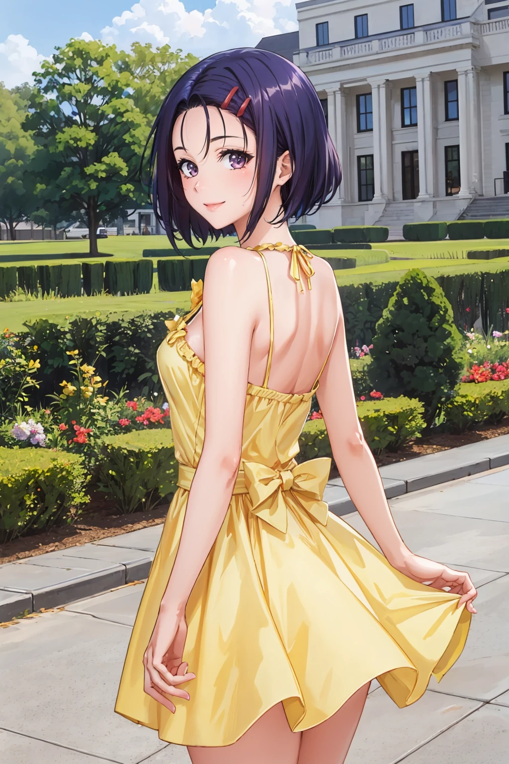 masterpiece, best quality, <lora:tlrharuna-nvwls-v1-000009:0.9> tlrharuna, hairclip, green bowtie, yellow sundress, from behind, looking at viewer, smile <lora:edgChamYellowSundress:0.5> edgYSD,woman wearing a yellow sundress, garden