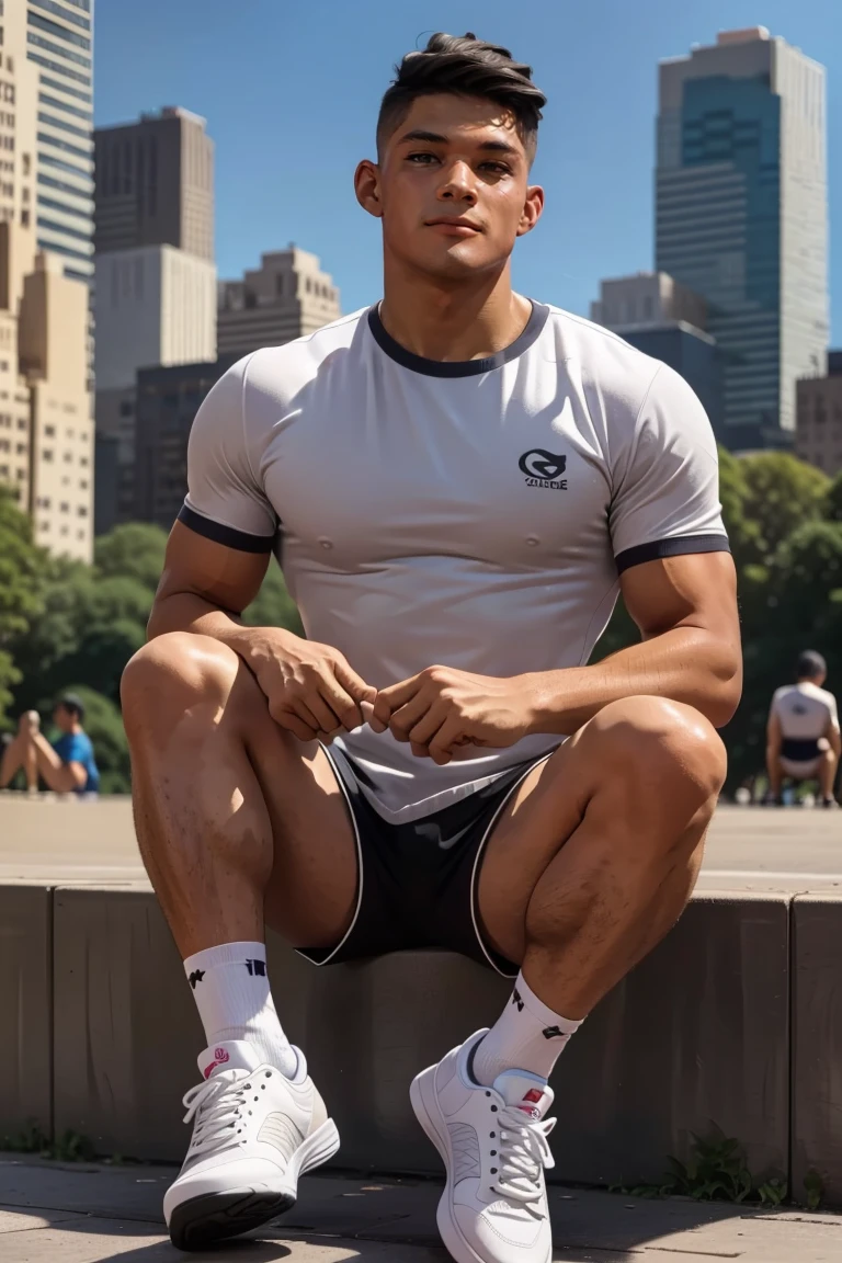 photo of person, man, smirk, city, sitting, Central park, t-shirt, shorts, (muscular, thick legs:0.6), socks, sneakers, looking to viewer, cinematic lighting, detailed face, detailed eyes, masterpiece, high_res, perfect face,<lora:EMS-289592-EMS:1.000000>