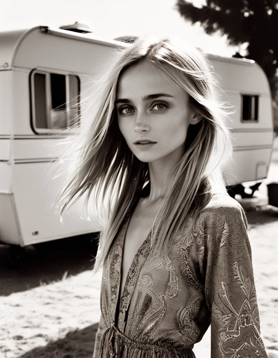 an underexposed creation by bruce weber of a Lovely lady looking like gabixl11 next to a bohemian trailer