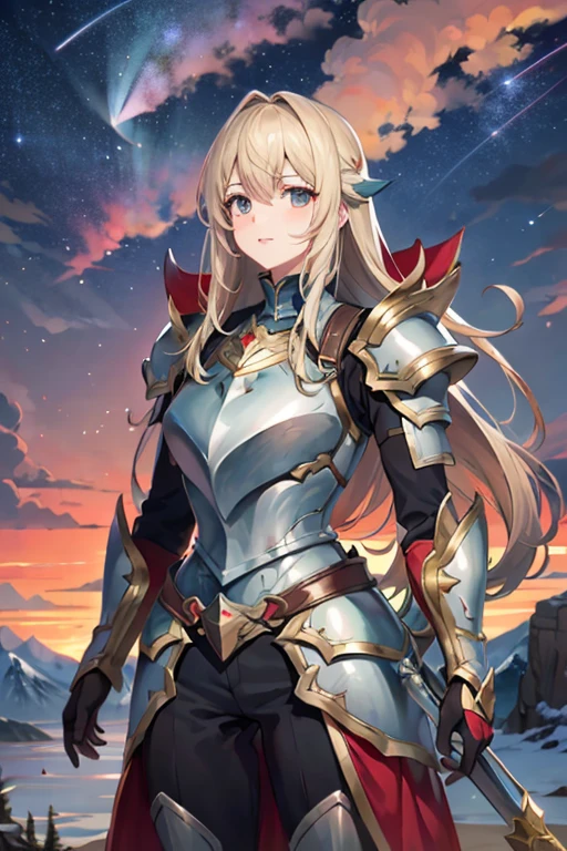 <lora:HXarmour_002:1>,, hxarmour,1girl,(dark red armour:1.3),Mountains Shooting Star Trail,Cypress,