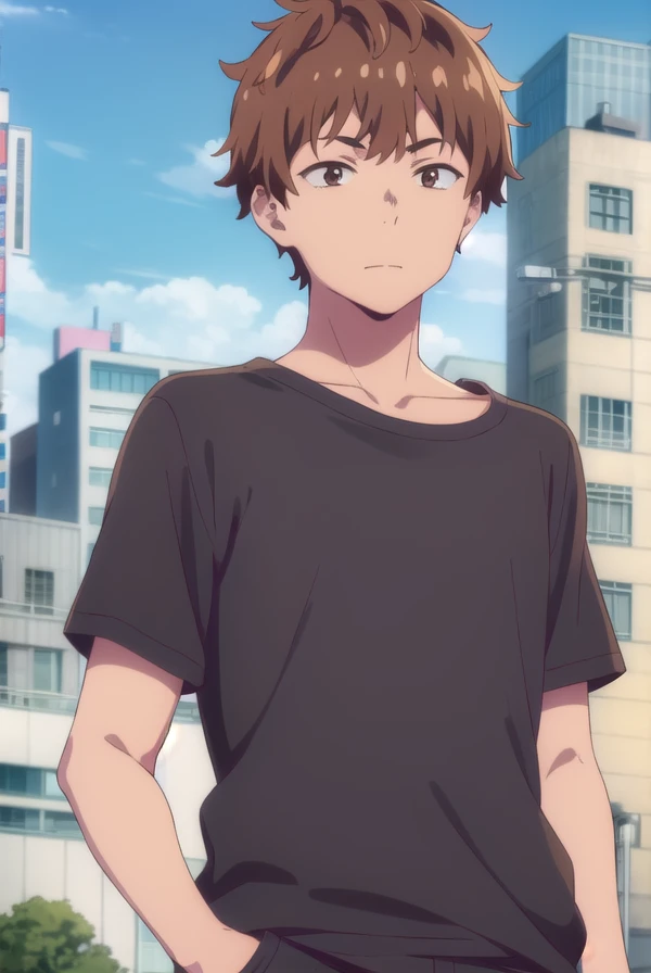 kazuyakinoshita, <lora:kazuya kinoshita s1-lora-nochekaiser:1>,
kazuya kinoshita, short hair, brown hair, (brown eyes:1.5), male focus,
BREAK shirt, long sleeves, collarbone, short sleeves, t-shirt,
BREAK outdoors, cityscape, sun, sky, clouds, people, crowd,
BREAK looking at viewer, (cowboy shot:1.5),
BREAK <lyco:GoodHands-beta2:1>, (masterpiece:1.2), best quality, high resolution, unity 8k wallpaper, (illustration:0.8), (beautiful detailed eyes:1.6), extremely detailed face, perfect lighting, extremely detailed CG, (perfect hands, perfect anatomy),