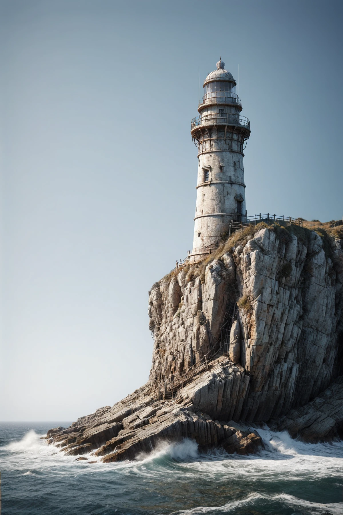 derilict lighthouse made of mad-rnfcnct, on a cliff at the shore, light beam  <lora:Derilict_Concret_SDXL:1.0>, (masterpiece:1.2), best quality, (hyperdetailed, highest detailed:1.2), high resolution textures