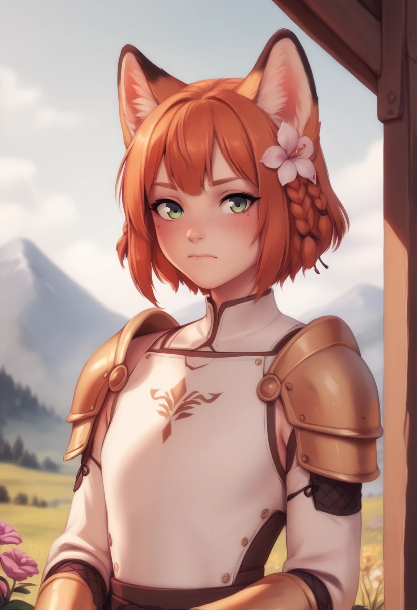 score_9, score_8_up, score_7_up, score_6_up, score_5_up, score_4_up, BREAK rating_safe, fox, braid, outdoors, armor, solo, green eyes, mountain, orange hair, looking at viewer, shoulder armor, short hair, breastplate, upper body, day, sky, closed mouth, flower, blush, pauldrons, mountainous horizon, bangs, blue sky, grass<lora:PersonalAmi_PonyXL_resize:1>
