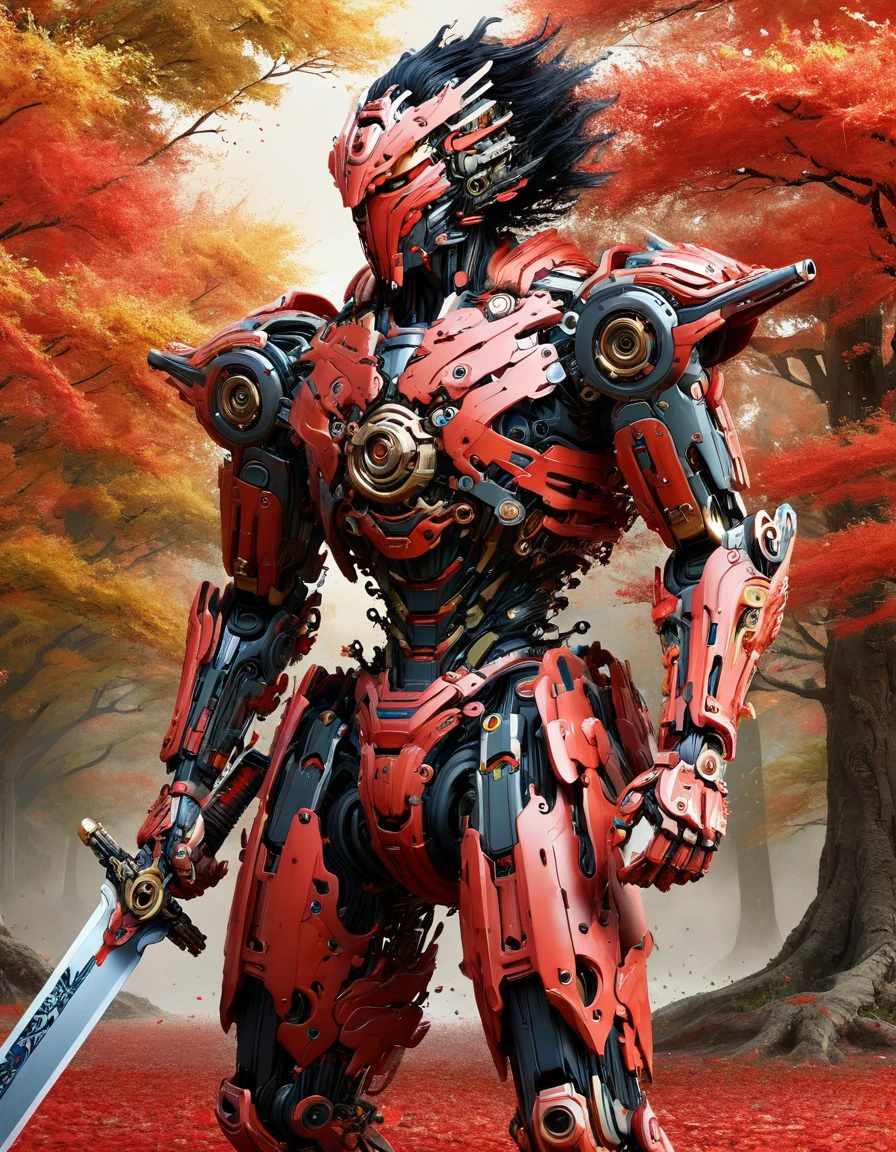 masterpiece,best quality,ultra-detailed,very detailed illustrations,extremely detailed,intricate details,highres,super complex details,extremely detailed 8k cg wallpaper, caustics,reflection,ray tracing, MECHA MUSUME, MECHANICAL PARTS,1boy, face, solo,alone, samurai, single mechanical arm, intricate mechanical bodysuit, red kimono, full armor, black hair, mecha sword on his belt, by the nature, trees, evening, 2hands <lora:ral-drptpl:1> ral-drptpl