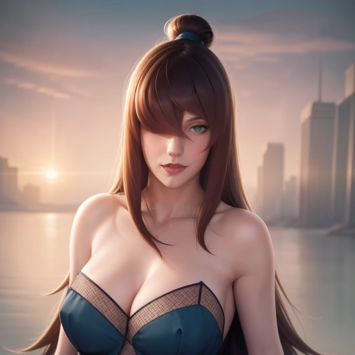 woman, mature, long hair, green eyes, brown hair, bun hair, blue dress, <lora:Terumi Mei V6:0.7>