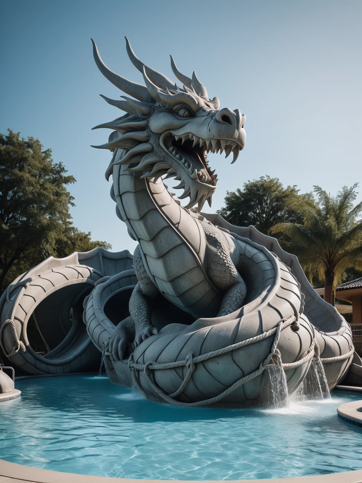 huge dragon made of mad-concrete in public pool, ropes, water slide, water <lora:Concrete_Style_SDXL:0.7>, masterpiece, best quality, ultra high res, (photorealistic, realistic:1.2), deep shadow, raw photo, film grain, Fujifilm XT3, 8k uhd, dslr