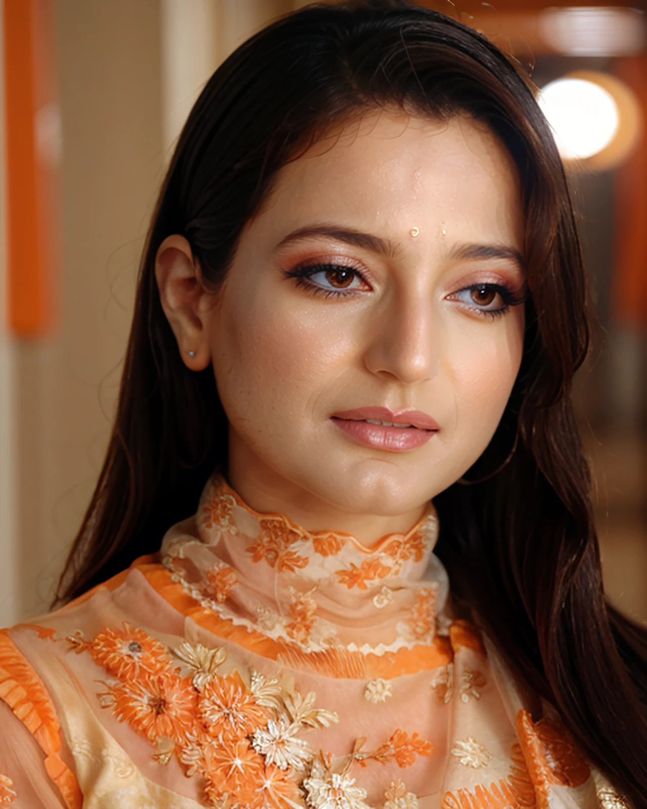 photo of ampa woman, conservatively dressed wearing high neck Orange clothing, looking at camera, serious expression on face, dark brown eyes, bright lipstick, simple background in bokeh  <lora:ampa_Ameesha_Patel_SD15_LoRA_prodigy_local_regs:1>