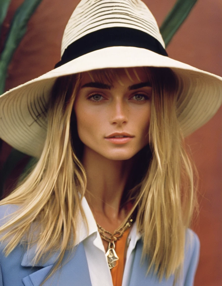 an expert film still by bruce weber of a playboy model looking like gabixl11 posing wearing a hat
