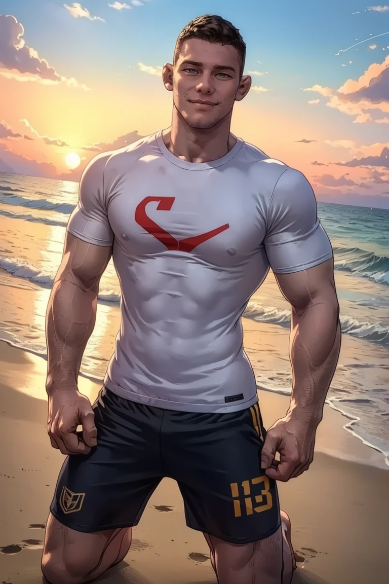 (masterpiece, best quality:1.2), smirk, muscular:1.3, (depth of field:1.1), photo of person, start print t-shirt, shorts, beach, kneeling, portrait, masterpiece, highness, perfect face, perfect picture, detailed eyes, sharp focus, sunset,<lora:EMS-293388-EMS:1.000000>