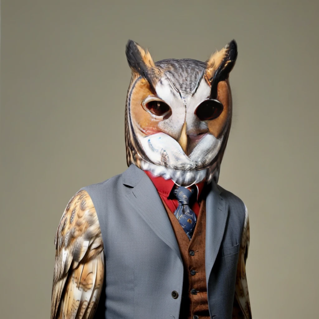 standing tall man with owl_xl  head<lora:Owl_XL:1>