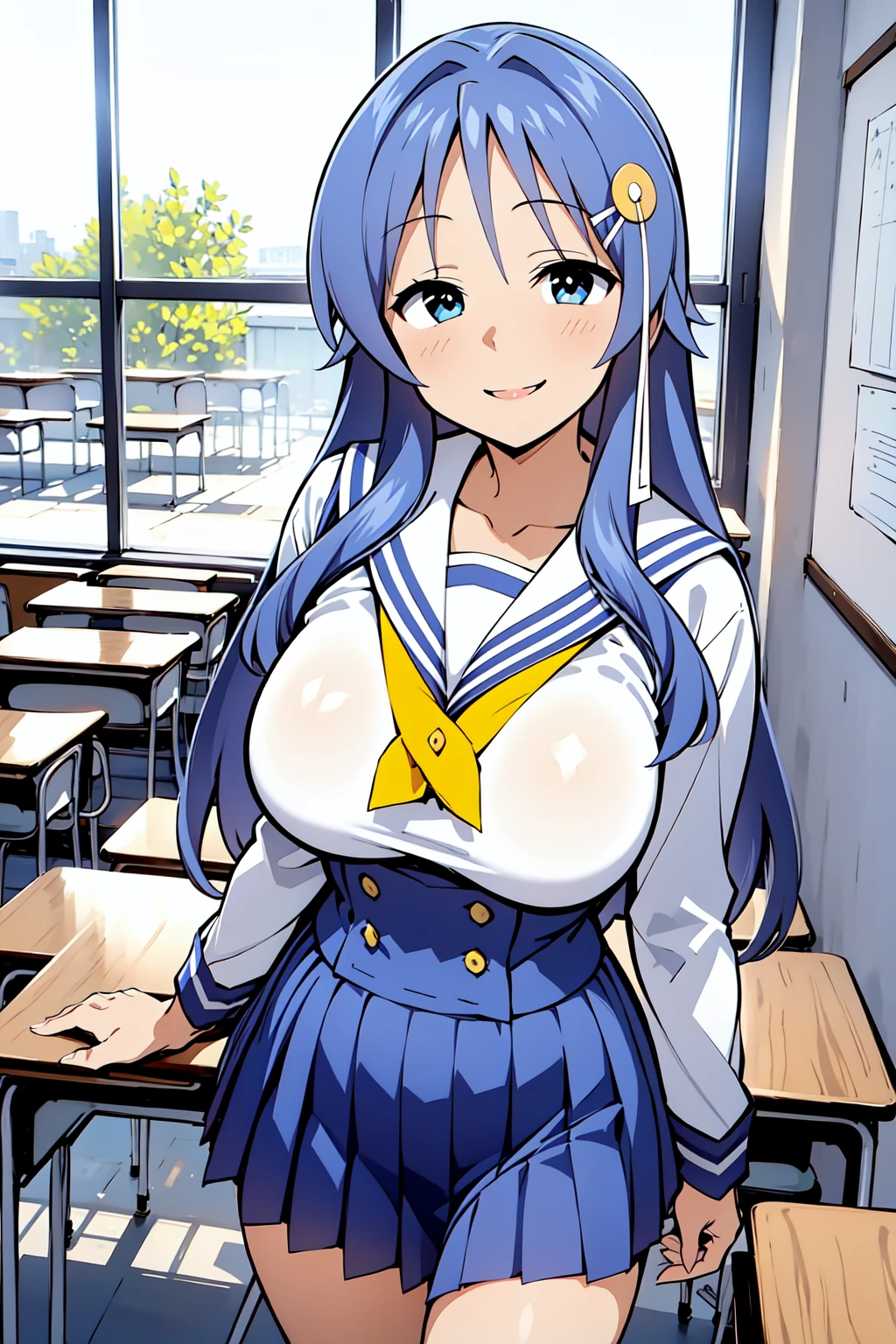 1girl, cowboy shot, classroom, smile
oohara_kotone, blue eyes, blue hair, long hair, hair ornament, hairclip, school uniform, sailor collar, serafuku, blue skirt, pleated skirt, pantyhose, <lora:oohara_kotone_lora_ver2:0.8>, best quality, masterpiece, highres, <lora:GoodHands-vanilla:1>
