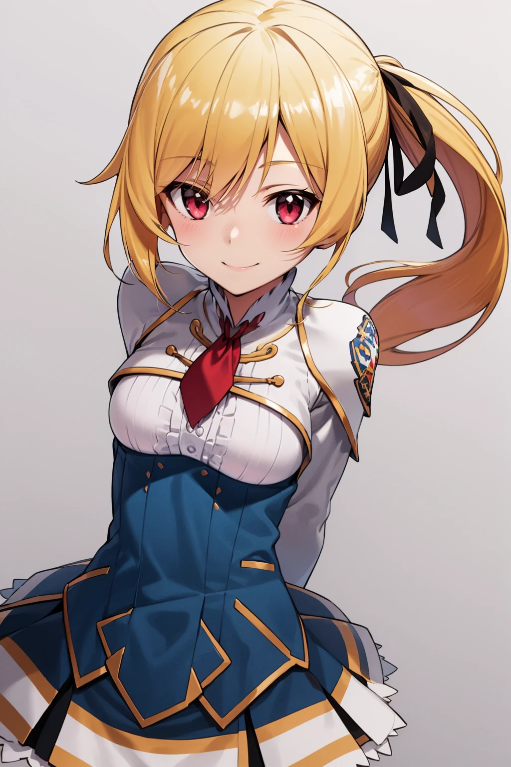 masterpiece, best quality,
1girl, lisesharte, blonde hair, ponytail, long hair, red eyes, hair ribbon,
white shirt, necktie, long sleeves, skirt,
arms behind back, smile, upper body, solo, looking at viewer, simple background <lora:LisesharteAtismata:1>