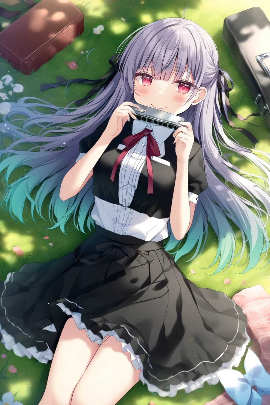 blue archive style,shikitani_asuka,ray tracing,1girl,silver hair,red eyes,long hair,black frilled skirt,light smile,lying on grass,harmonica,play harmonica, <lora:harmonica:1>
