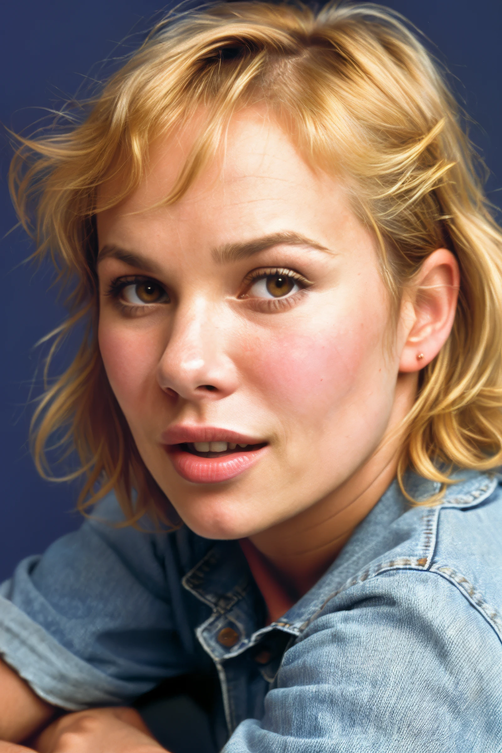 closeup headshot of (CTI_moniqu3vand3v3n:0.95), (shirt and jeans), (open mouth:0.7), flirtatious expression, (short curly blonde hair), shallow depth of field, vignette, epic, gorgeous, film grain