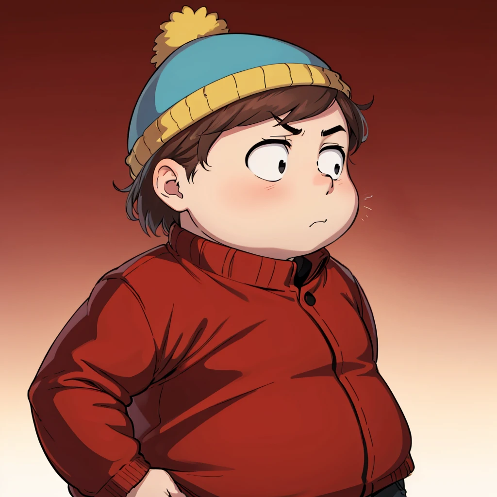 1boy, solo,   Eric Cartman,  short hair,  brown hair, hat,  black eyes, red jacket, beanie, fat, child,   <lora:Eric_Cartman_Leaf1:0.6>, cowboy shot,  gradient background,