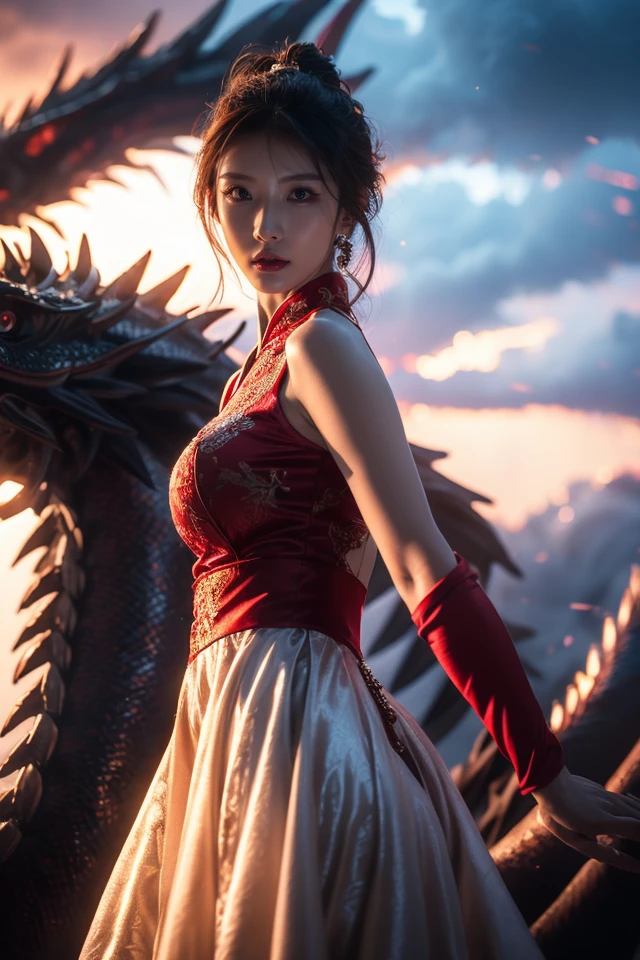 Dragon chant,1girl,dragon,dress,black hair,cloud,eastern dragon,white dress,brown hair,looking at viewer,cloudy sky,armor,realistic,solo,horns,sky,outdoors,blurry,short hair,teeth,fantasy,red lips,brown eyes,hair ornament,standing,chinese clothes,makeup,claws,
best quality,masterpiece,illustration,an extremely delicate and beautiful,CG,unity,8k wallpaper,Amazing,finely detail,masterpiece,official art,extremely detailed CG unity 8k wallpaper,incredibly absurdres,huge filesize,ultra-detailed,highres,extremely detailed,beautiful detailed girl,realistic,<lora:Dragon chant_20240227032919:0.8>,<lora:ZOE:0.8>,