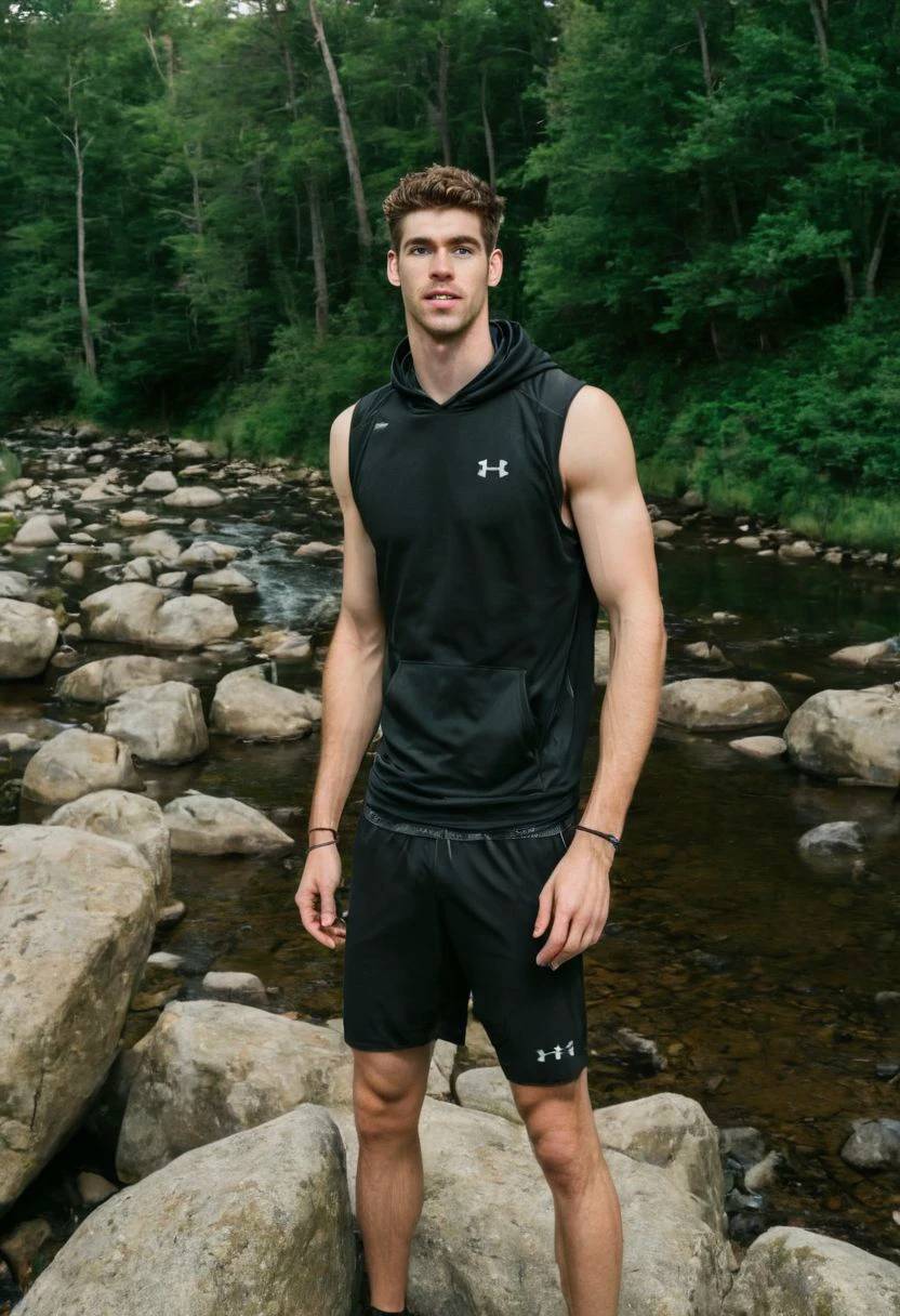 photo of Wes Bentley a man <lora:george-Wes-Bentley:0.9>, wearing a sleeveless well-fitted under armour hoodie and compression shorts, standing on a boulder, outdoor trail, 35mm photograph, film, bokeh, professional, 4k, highly detailed, creek in the background, natural lighting, golden hour