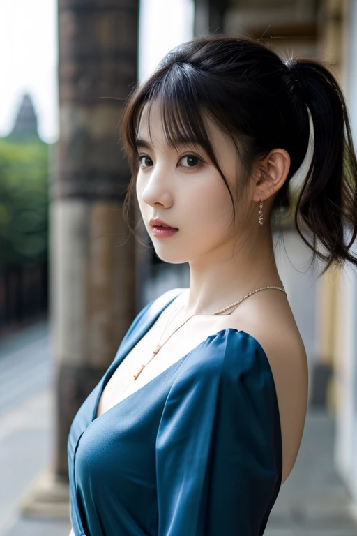 HWGIRL,masterpiece,ultra realistic,32k,extremely detailed CG unity 8k wallpaper, best quality,(winter day ),lady ,necklace ,eardrop, Angkor Wat, Cambodia, ( brown Pair a wrap dress with statement earrings ) , dark blue hair hair pigtails ,,<lora:Hwgirl_V016:0.9>,