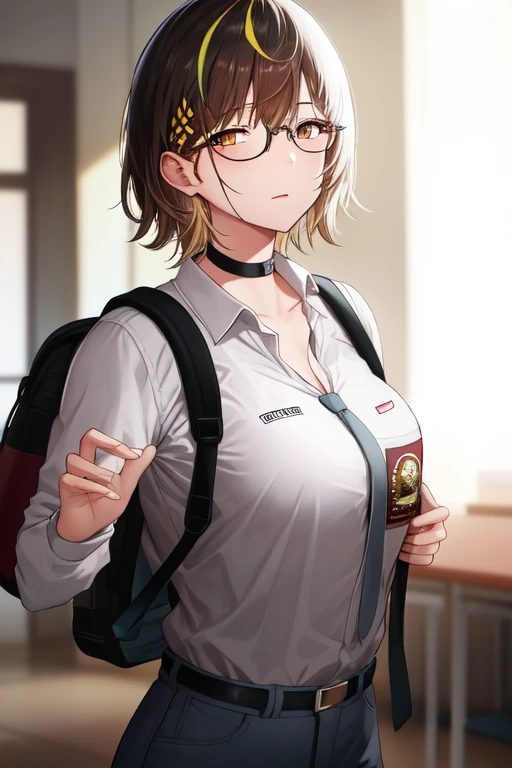 IHSU, backpack, streaked hair, brown hair, black choker, long sleeves, yellow eyes, glasses, belt, medium breasts, medium hair