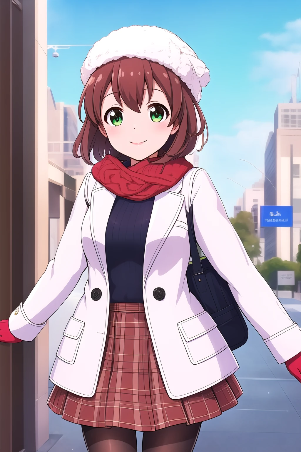 (masterpiece, best quality), highly detailed background, perfect lightingbest quality, hoshitsukimiki, solo, outdoors, winter, city, hat, white headwear, brown hair, hair between eyes, bangs, short hair, green eyes, white scarf, medium breasts, white coat, open coat, red sweater, fur trim, red gloves, white skirt, plaid skirt, black pantyhose, winter clothes, smile, closed mouth, pink lips, <lora:Hoshitsuki-Miki:0.7>