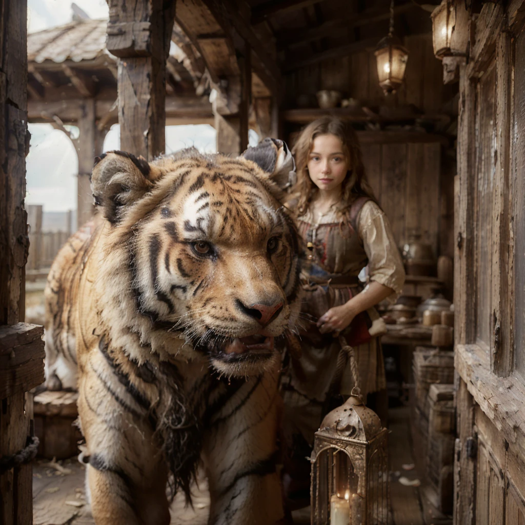 

detailed photograph of (30 year old, animal-trainer wearing peasant clothes):1.1 
with a friendly tiger bear,
blonde hair, messy hair,

medieval pet shop, cages, rope, candles


realistic:1.1, depth of field

32k uhd, 


natural light,
(god rays):1.1,
sunny day,





