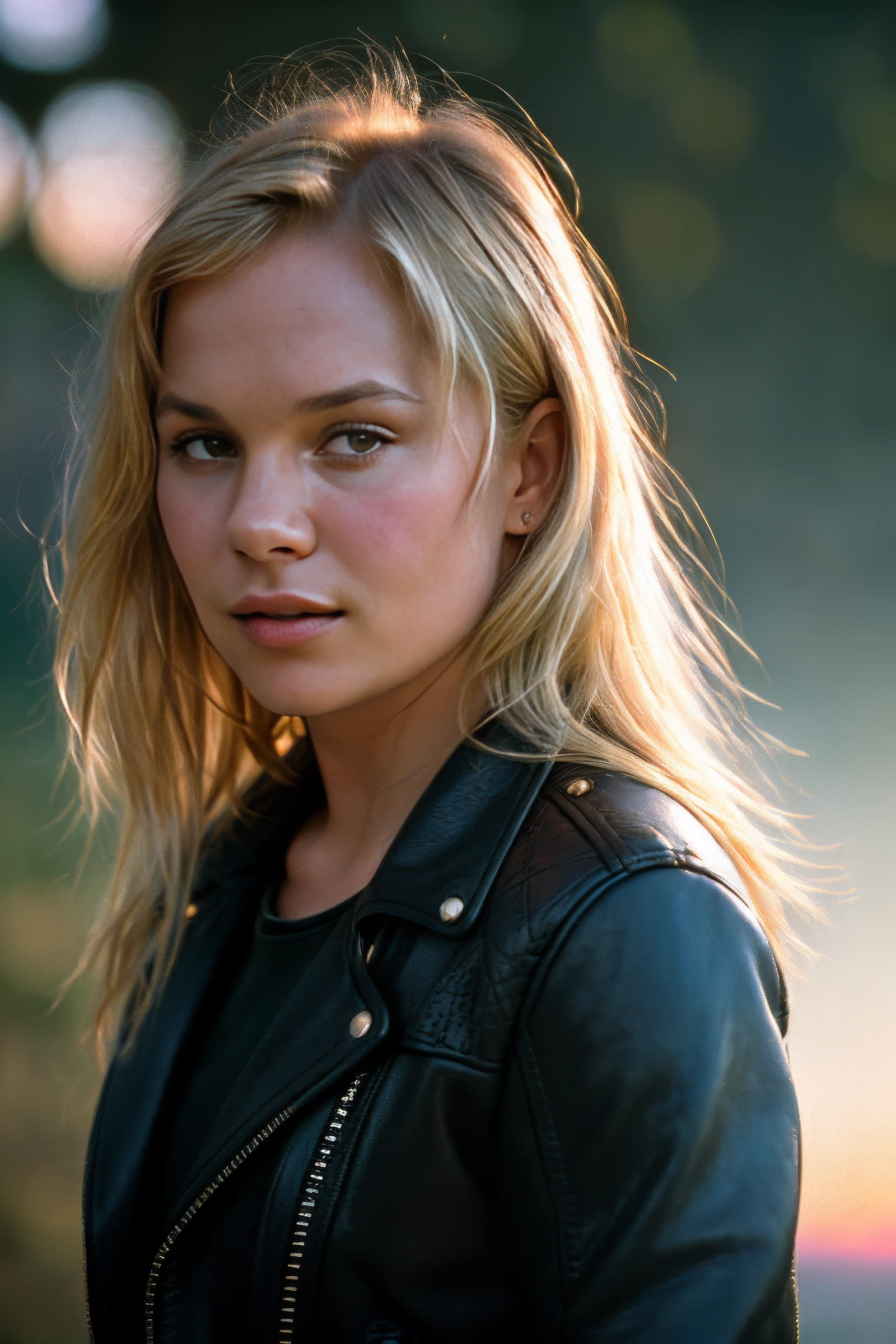 photo of (CTI_moniqu3vand3v3n:0.95), a beautiful woman, perfect blonde hair, (modern photo, black leather moto jacket with quilted panels and a cropped silhouette:1.1), closeup portrait, 85mm lens, (analog, cinematic, film grain, hazy atmosphere:1.3), ((outside, rivendell background, sunset:1.2)), detailed eyes, (seductive), (looking at viewer), jewelry, (cinematic shot:1.3)