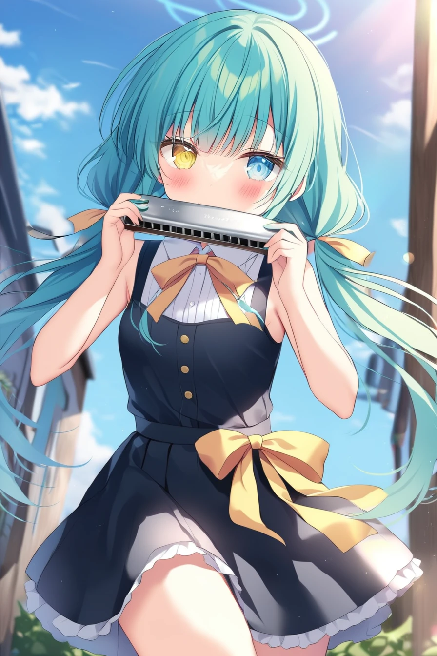 blue archive style,shikitani_asuka,ray tracing,1girl,solo,petite,light blue hair,long hair,heterochromia,(yellow eyes),(light_blue eyes),(low twintails:1.2),flat chest,harmonica,play harmonica, <lora:harmonica:0.8>