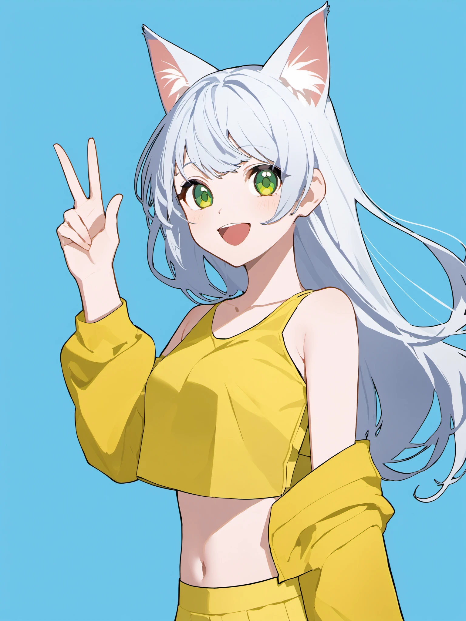 sho_(sho_lwlw),ningen mame, 1girl, solo, green eyes, smile, :d, long hair, white hair, animal ears, animal ear fluff, eyebrows visible through hair, medium breasts, navel, bare shoulders, yellow jacket, off shoulder, crop top, midriff, yellow skirt, hand up, waving, cropped legs, simple background, blue background