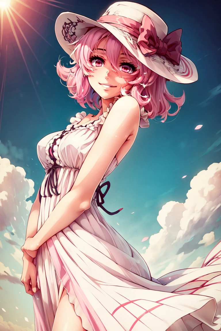 ((masterpiece, best quality)), anime style, <lora:more_details:0.5>, <lora:Saigyouji_Yuyuko_Touhou:0.8>, Saigyouji_Yuyuko_Touhou, 1girl, solo, short hair, pink hair, pink eyes, solo, smiling, looking at viewer, cowboy shot, white sundress, sun hat, flowing winds, sunny, outdoors,