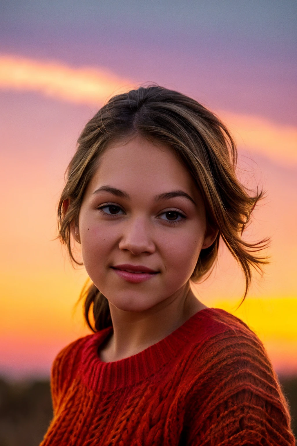 closeup headshot of (CTI_burglund:0.95), a beautiful young woman, in a (an explosion of colors in the evening sky from fiery reds to soft purples and oranges), wearing a (knitted-sweater:1.1), shallow depth of field, vignette, high budget Hollywood film, bokeh, cinemascope, epic, gorgeous, film grain